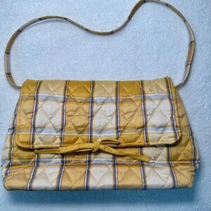 Vintage Vera Bradley 100% Silk Quilted Mini Shoulder Bag Gold Blue Plaid Bow